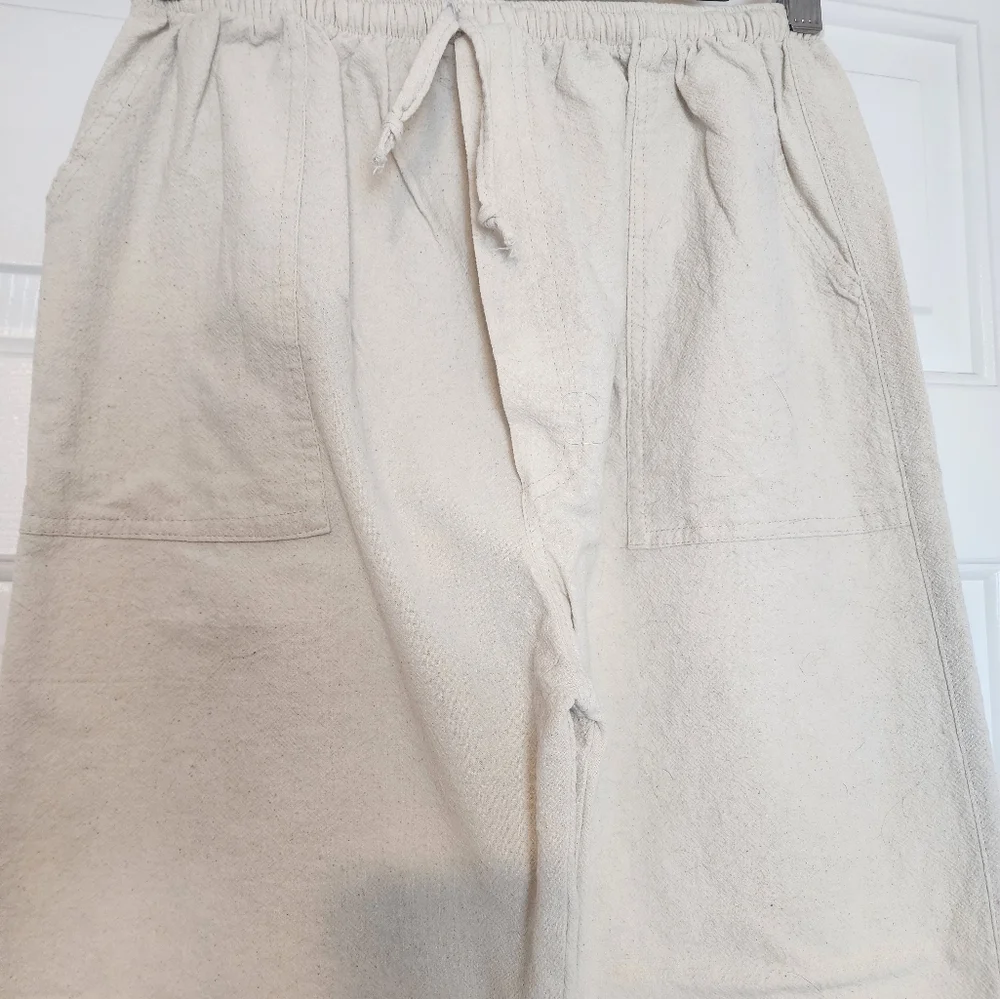 Cream Color Cotton Pockets Faux Zipper Straight Leg Wome's Pants Size L